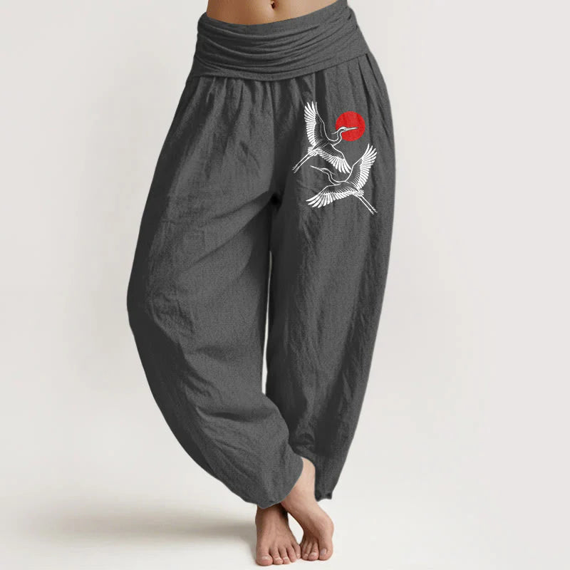 Buddha Stones Red Sun Cranes Pattern Women's Elastic Waist Harem Pure Cotton Pants