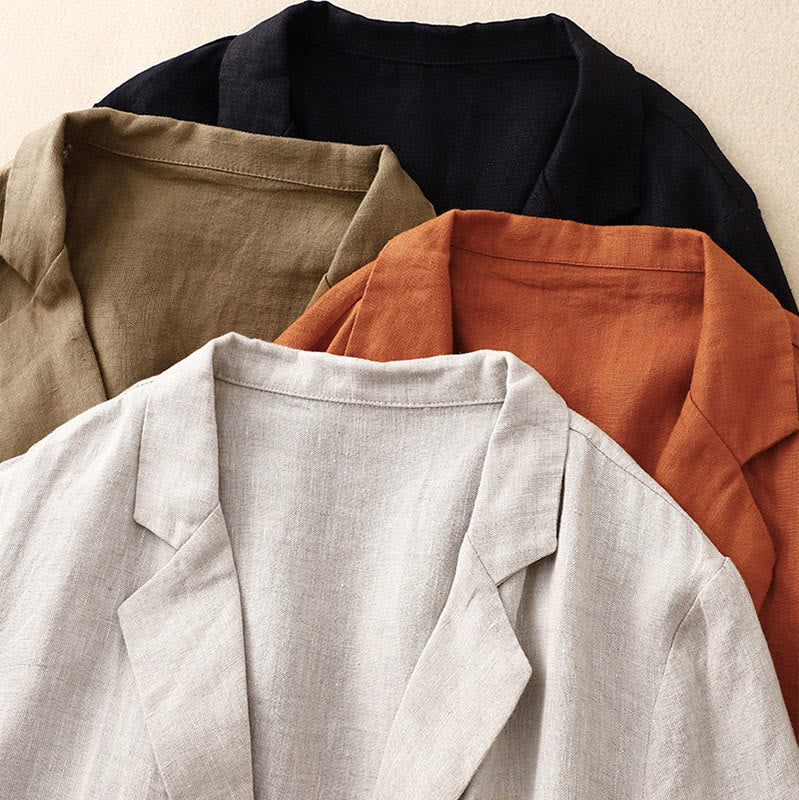 Buddha Stones Commute Retro Pure Color Lapel Cotton Linen Women's Jacket With Pockets