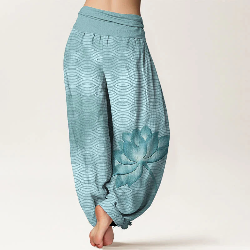 Buddha Stones Cotton Light Color Lotus Wavy Lines Pattern Women's Elastic Waist Harem Pants