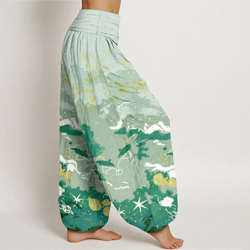 Buddha Stones Cotton Waves Sky Pattern Women's Elastic Waist Harem Pants