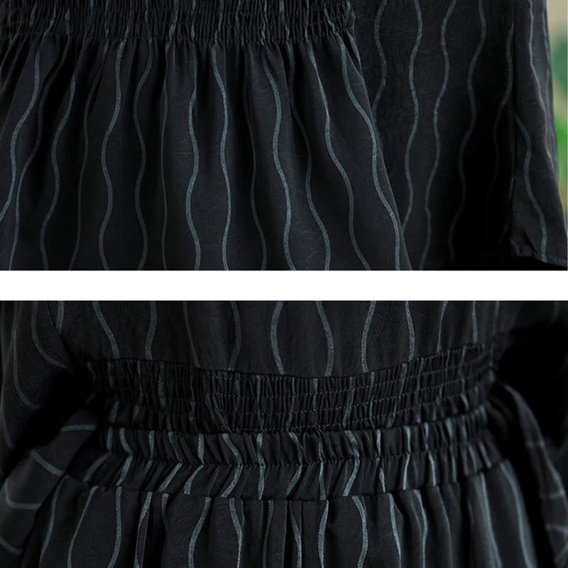 Buddha Stones 2pcs Striped Pattern Short Sleeve Shirt Polyester 7 Length Harem Pants Set With Pocket