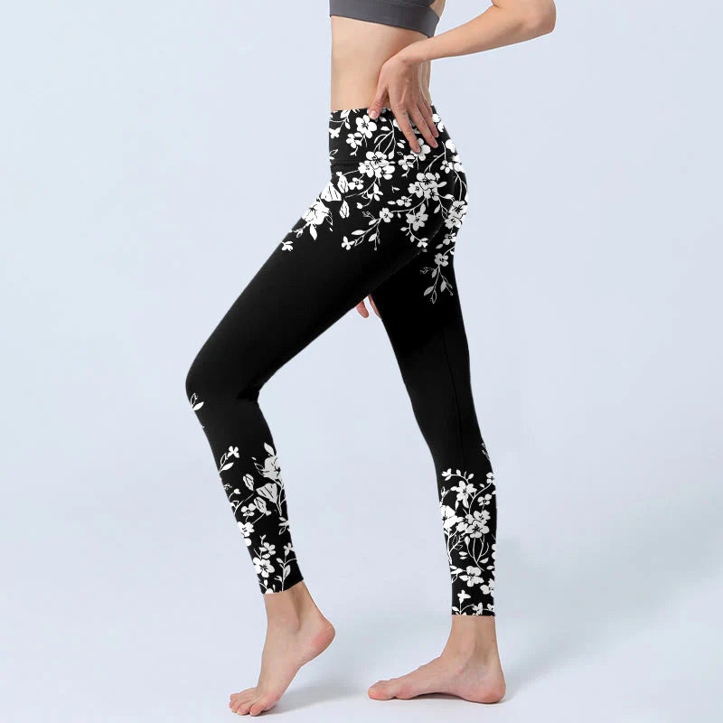 Buddha Stones Gorgeous Minimalist Style Flower Pattern Print Gym Leggings Women's Yoga Pants