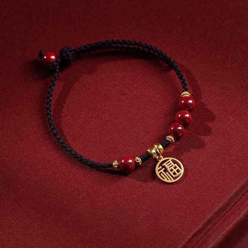 Buddha Stones Cinnabar Bead Fu Character Charm Blessing Braided String Bracelet (Extra 30% Off | USE CODE: FS30)