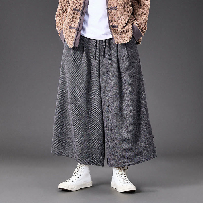 Buddha Stones Winter Chinese Frog-Button Design Corduroy Thermal Men's Wide Leg Pants With Pockets