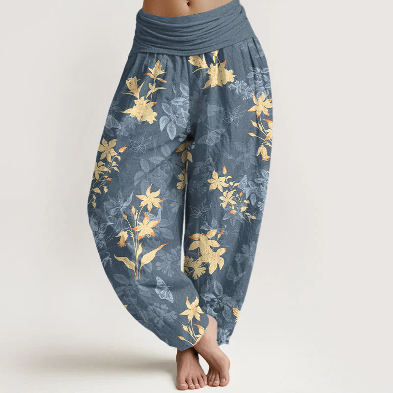 Buddha Stones Cotton Fresh Refined Flower Leaf Pattern Women's Elastic Waist Harem Pants