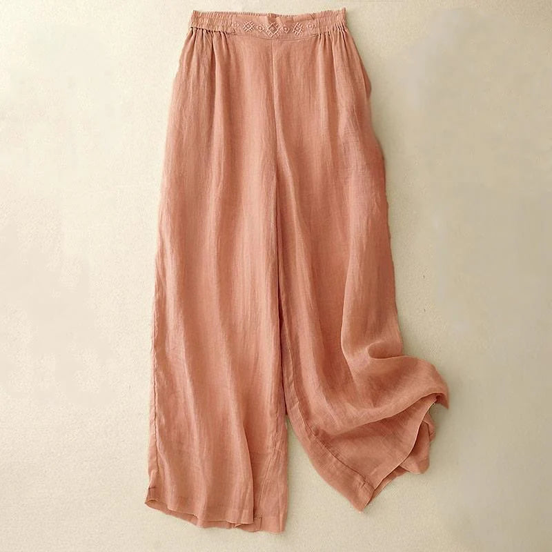 Buddha Stones Geometric Embroidery Elastic Waist Women's Cotton Linen Wide Leg Pants With Pockets