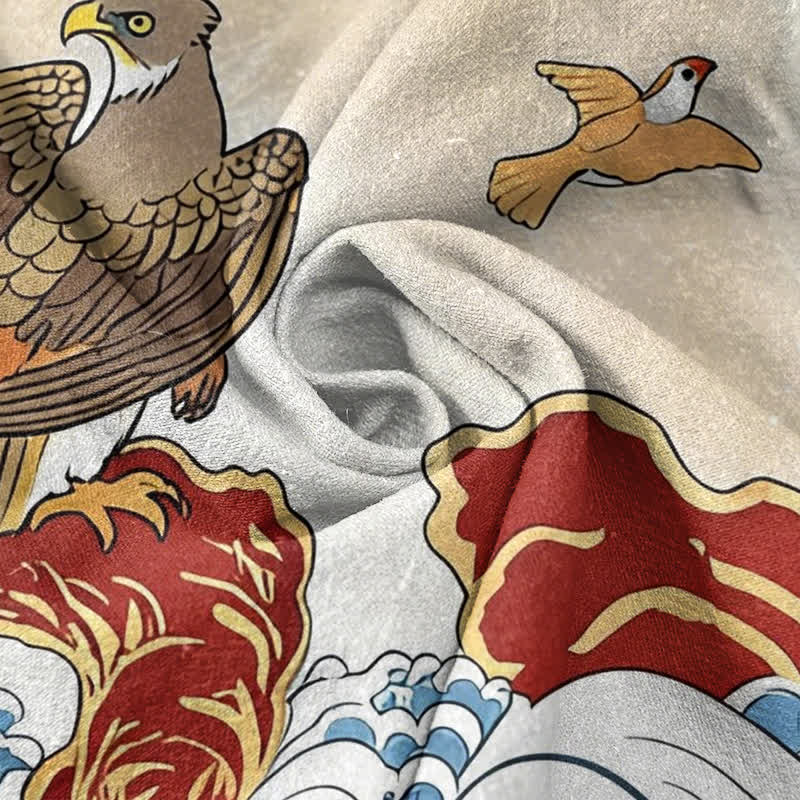 Buddha Stones Cotton Ocean Bird Wave Rock Print Men's Short Sleeve Half Button Shirt