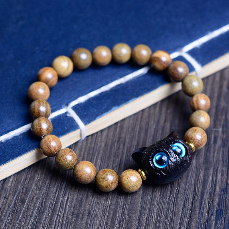 Buddha Stones Ebony Wood Green Sandalwood Red Sandalwood Lovely Cat Balance Bracelet