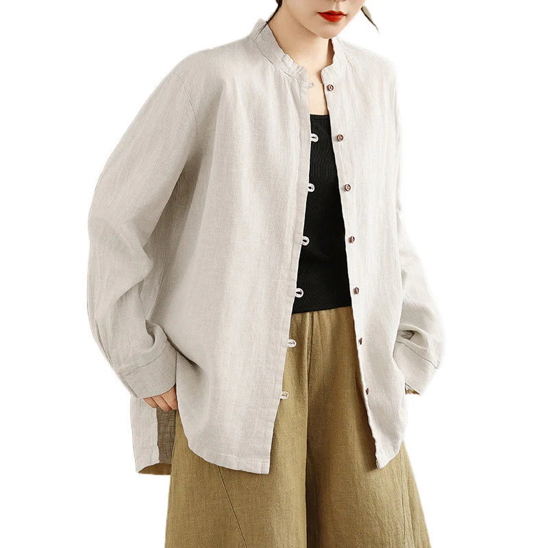 Buddha Stones Solid Color Front Buttons Design Long Sleeve Women's Cotton Linen Shirt
