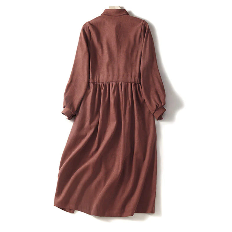 Buddha Stones Fall Solid Color Buttons Down Lace-up Design Long Sleeve Midi Dress With Pockets