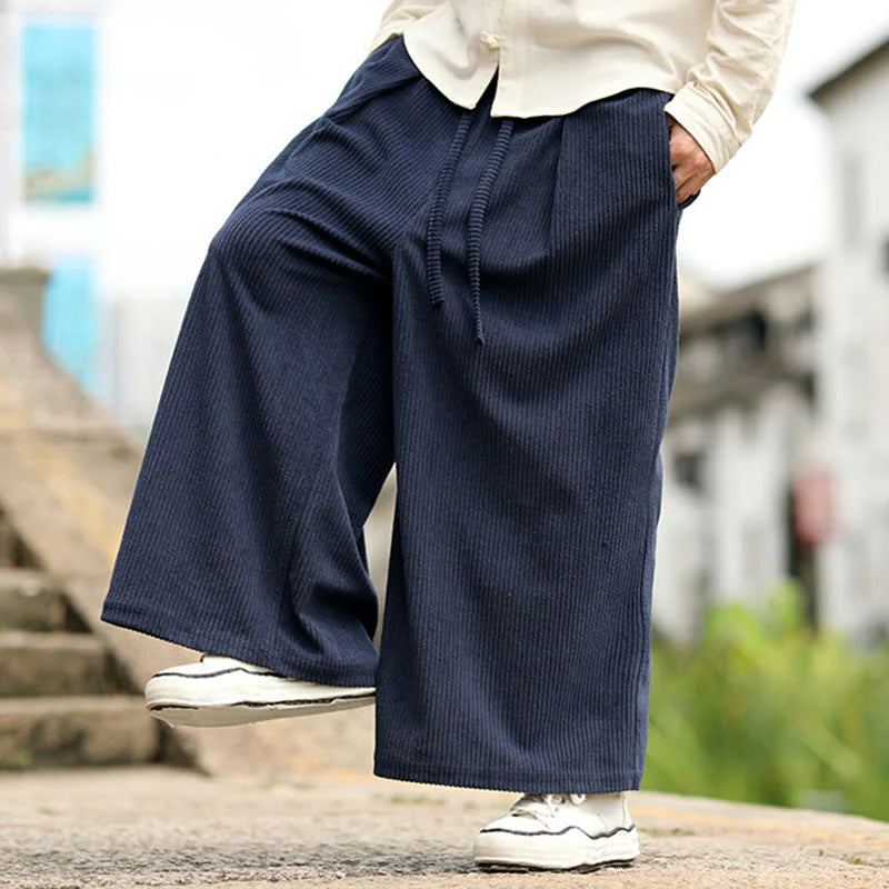 Buddha Stones Fall Solid Color Drawstring Design Men's Corduroy Wide Leg Pants With Pockets
