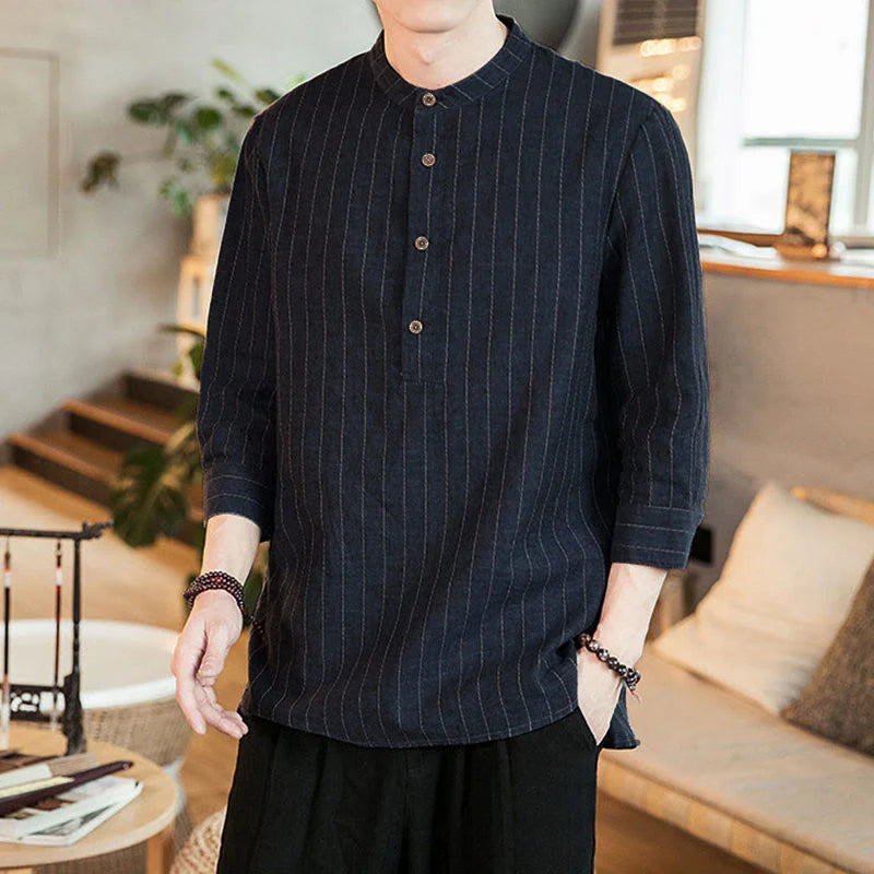 Buddha Stones Plaid Half Buttons Stand Collar Three Quarter Sleeve Cotton Men's Shirt