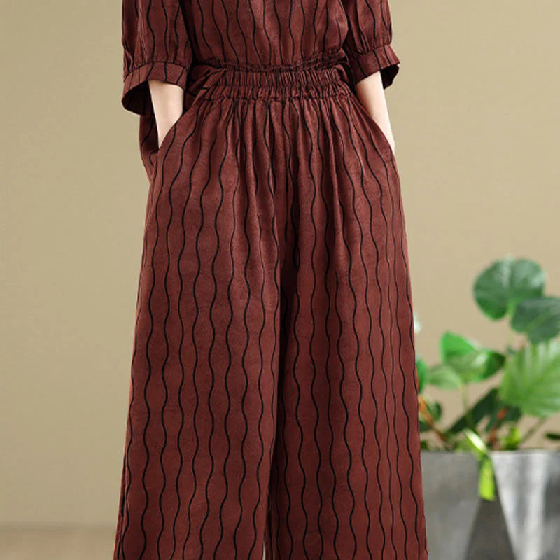 Buddha Stones 2pcs Striped Pattern Short Sleeve Shirt Polyester 7 Length Harem Pants Set With Pocket