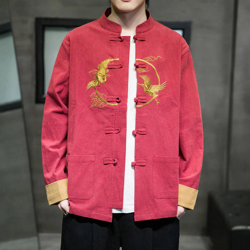 Buddha Stones Embroidery Cranes Pattern Frog-Button Men's Cotton Long Sleeve Jacket With Pockets