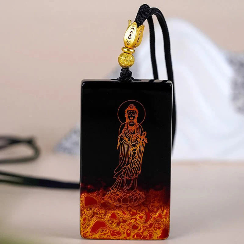 Buddha Stones Chinese Zodiac Natal Buddha Fu Character Lacquer Craft Sandalwood Pendant Necklace