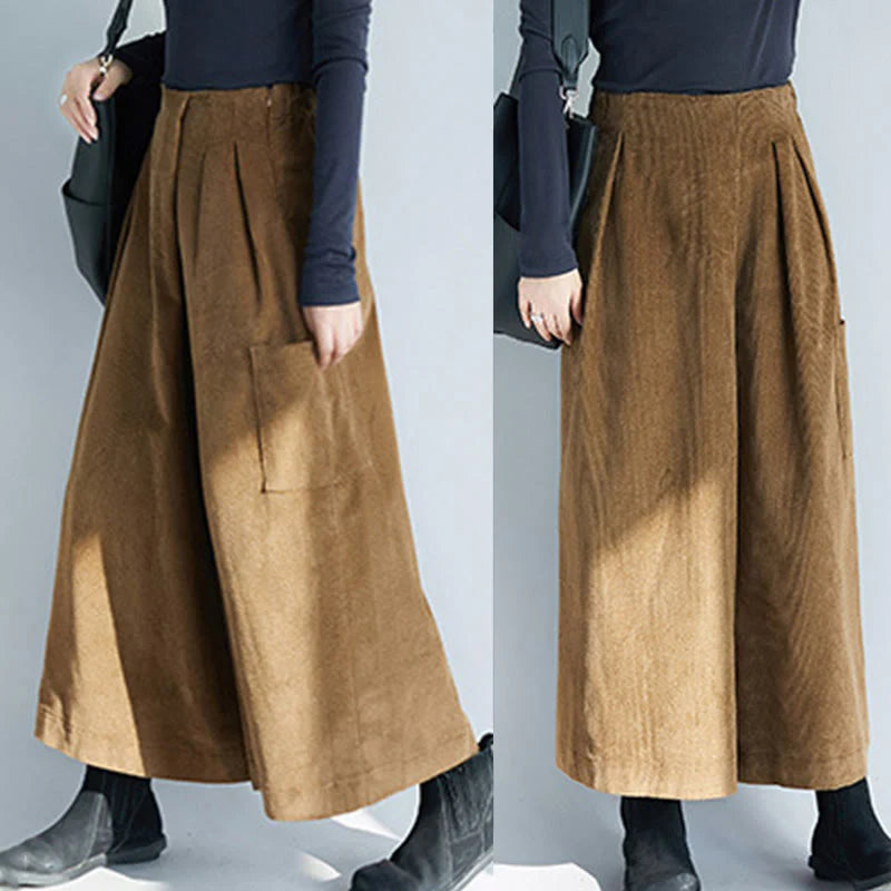 Buddha Stones Women's Plain Side Zipper Design Wide Leg Corduroy 7-8 Length Pants With Pockets