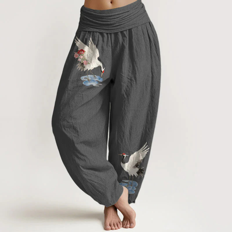 Buddha Stones Pure Cotton Elegant Crane Flower Cloud Pattern Women's Elastic Waist Harem Pants
