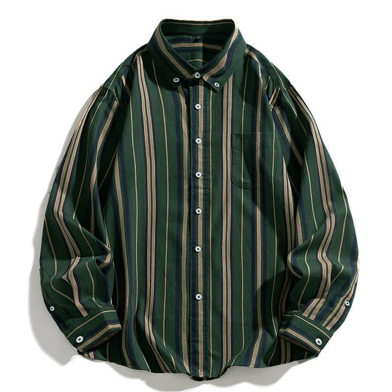 Buddha Stones Retro Color Blocked Stripes Long Sleeve Button Men's Cotton Shirts With Pocket
