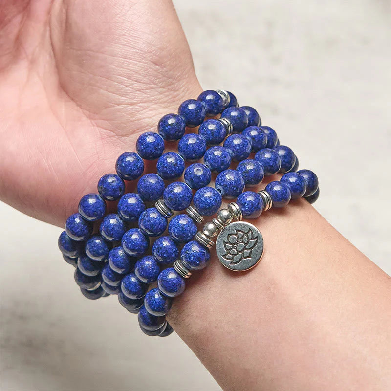 Buddha Stones 108 Beads Lazurite Lotus Symbol Charm Positive Mala