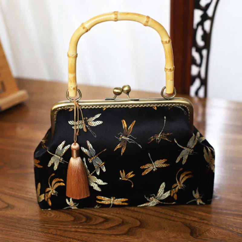 Buddha Stones Dragonfly Crane Bamboo Leaves Plum Blossom Bamboo Handles Handbag (Extra 30% Off | USE CODE: FS30)