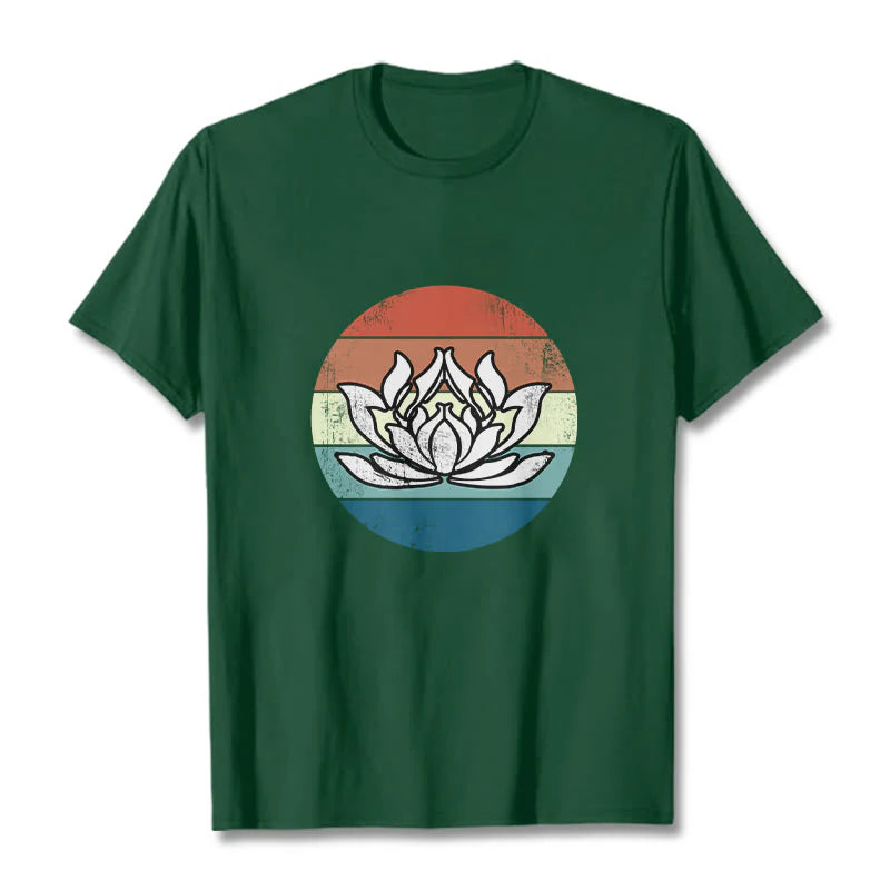 Buddha Stones Blooming Lotus Colorful Striped Pattern Cotton Tee T-shirt