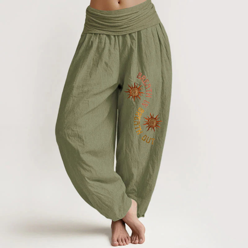 Buddha Stones Pure Cotton Warm Tones Sun English Phrases Pattern Women's Elastic Waist Harem Pants