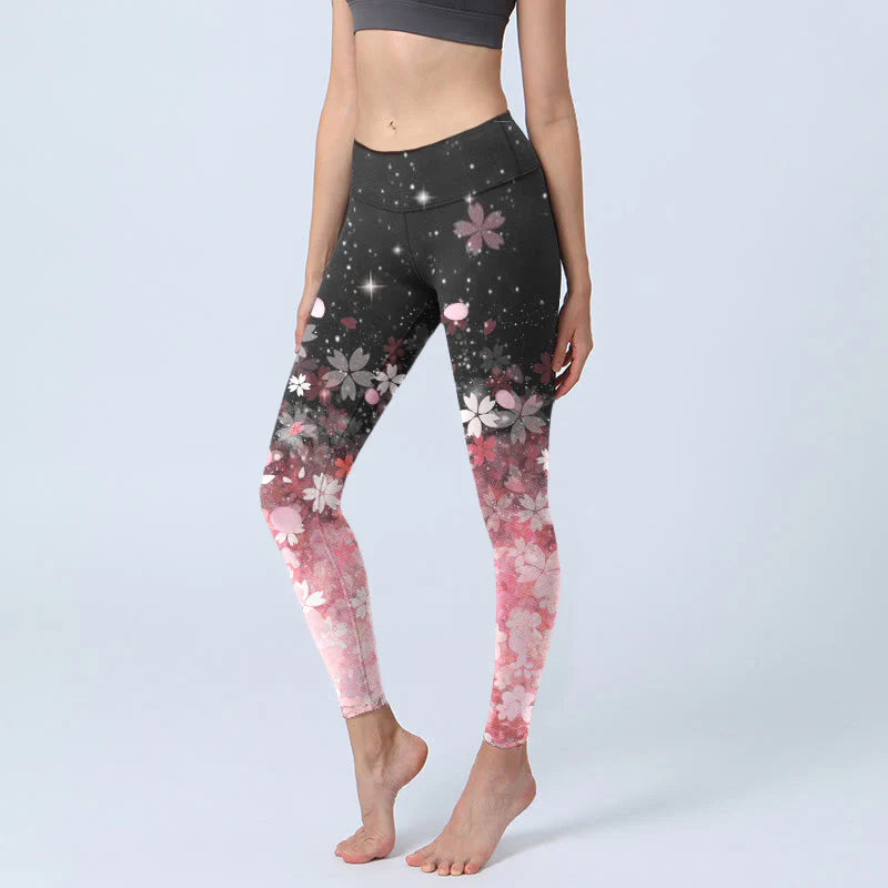Buddha Stones Pink Cherry Blossoms Print Exercise Leggings Women's Yoga Pants