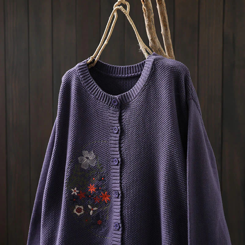 Buddha Stones Floral Embroidery Buttons Cotton Women's Long Sleeve Knitted Cardigan Sweater