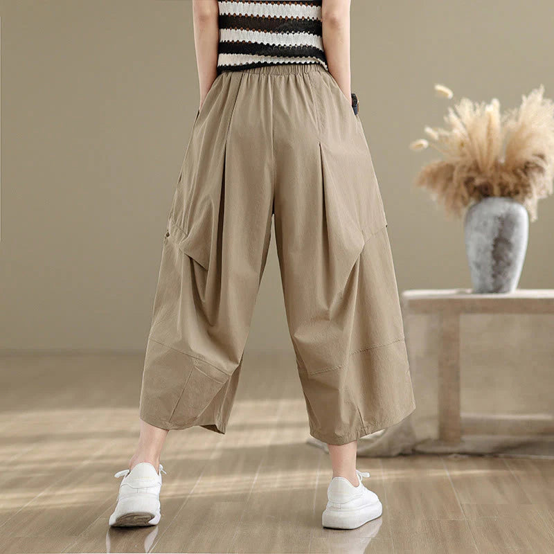 Buddha Stones Summer Irregular Pleating Design Cotton Women's Wide Leg Pants With Pockets