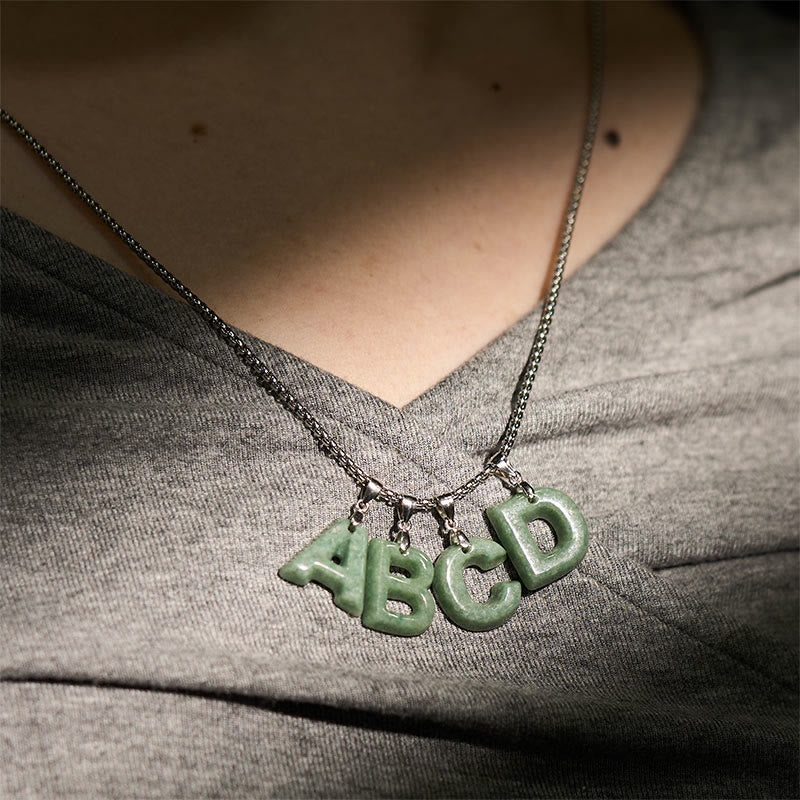 Buddha Stones Natural A-Z Letter Jade Titanium Steel Wide Chain Prosperity Necklace Pendant