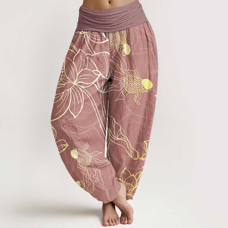 Buddha Stones Cotton Lotus Leaf Koi Fish Women's Elastic Waist Harem Pants