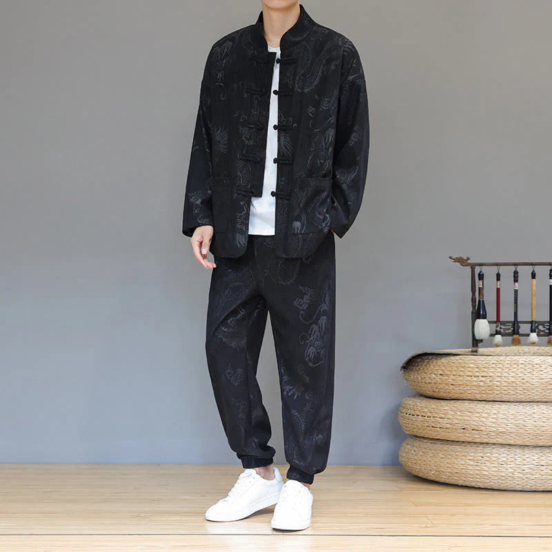 Buddha Stones 2Pcs Fall Winter Men's Tang Suit Dragon Frog-Button Cotton Corduroy Long Sleeve Jacket Pants Set With Pockets
