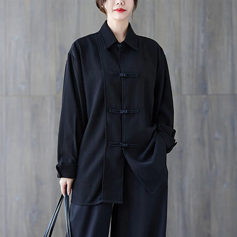 Buddha Stones Black Plain Frog-Button Lapel Women's Cotton Long Sleeve Shirt