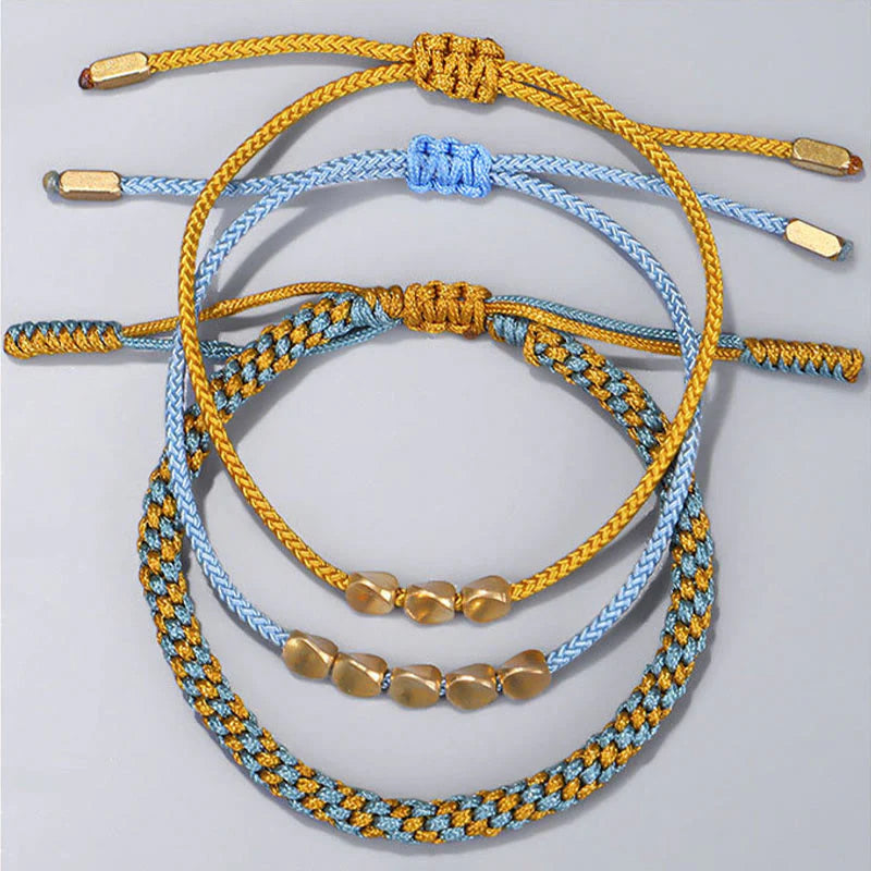 Buddha Stones 3Pcs Blue Yellow String Golden Copper Beads Healing Bracelet