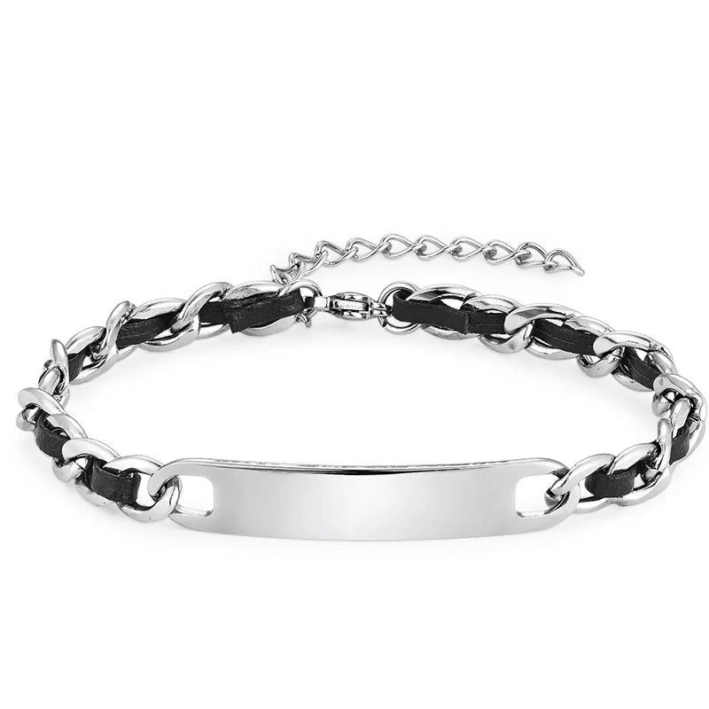 Buddha Stones Chain Leather Inlay Bar Plate Braided Leather Strengthen Cuban Bracelet