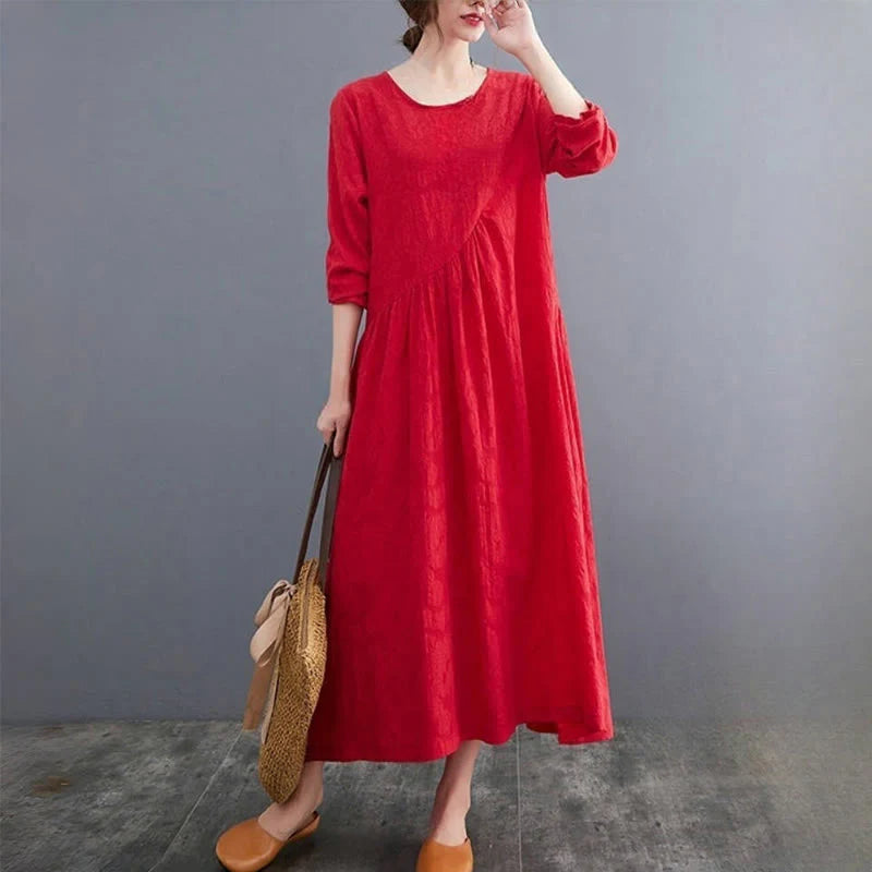 Buddha Stones Smiple Jacquard Pattern Long Sleeve Cotton Linen Women's Midi Dress With Pockets