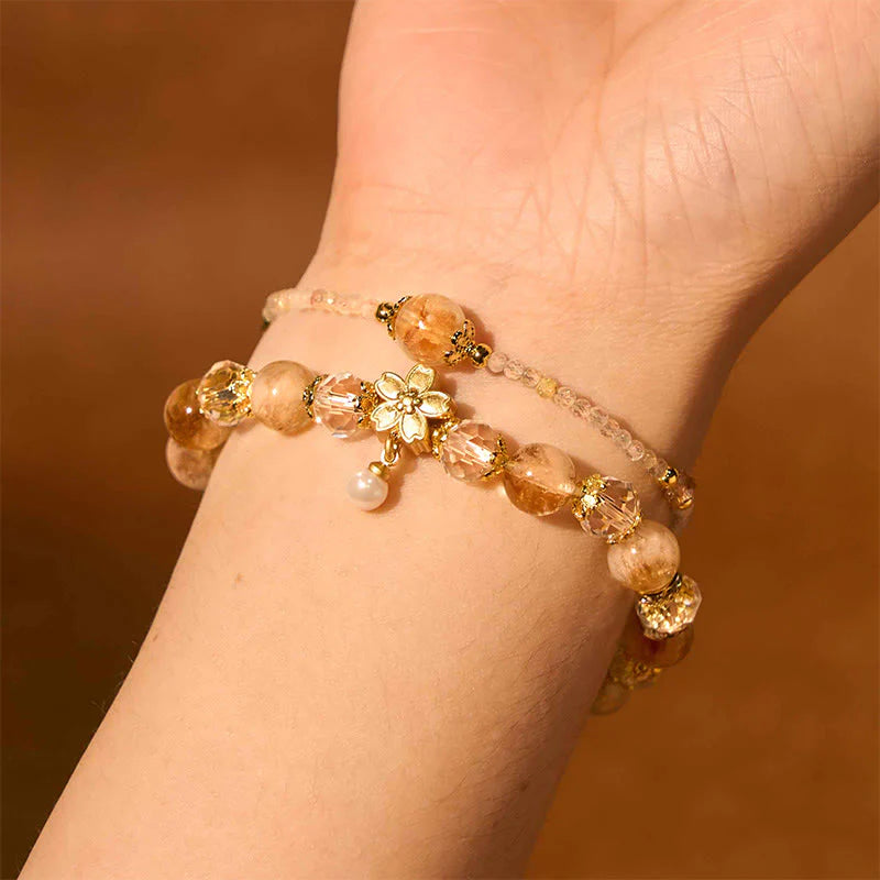 Buddha Stones Natural Citrine Glass Beads Flower Multiple Layers Prosperity Bracelet