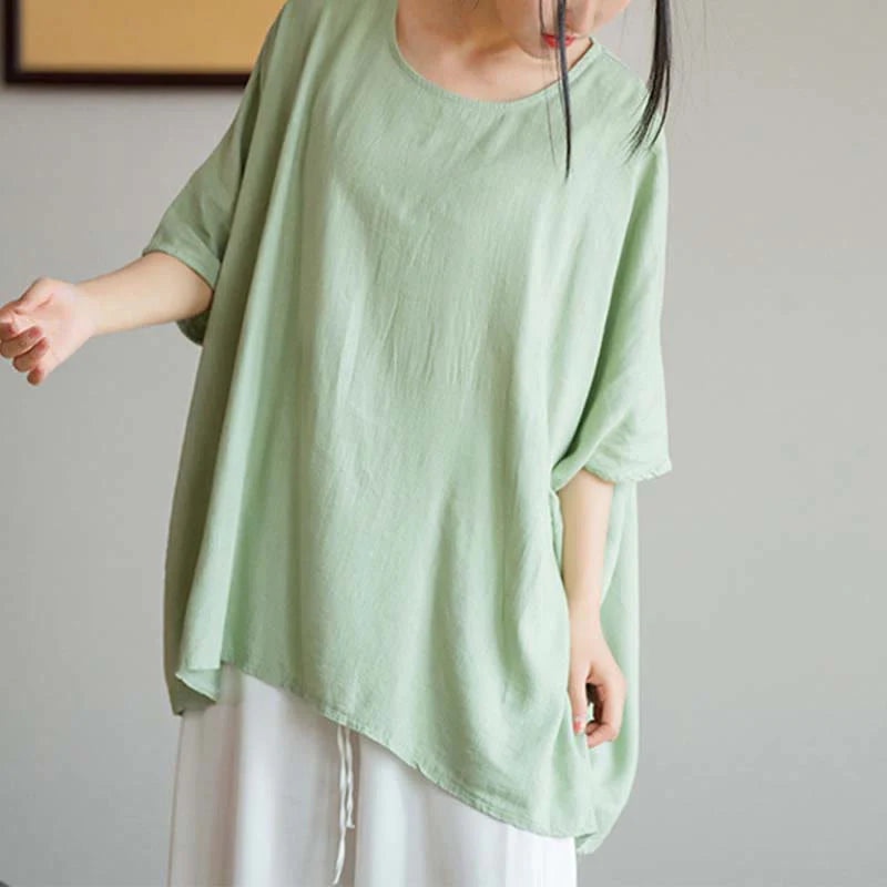 Buddha Stones Solid Color Three Quarter Sleeve Top Loose Tee T-Shirt