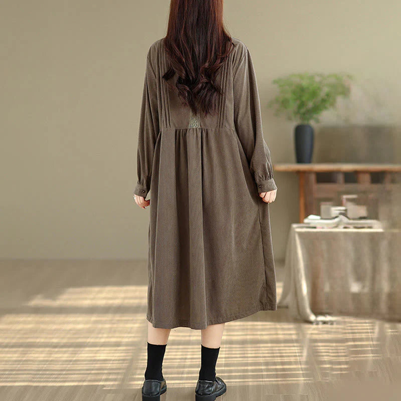 Buddha Stones Winter Pleated Buttons Down Long Sleeve Corduroy Women's Midi Dress With Pockets