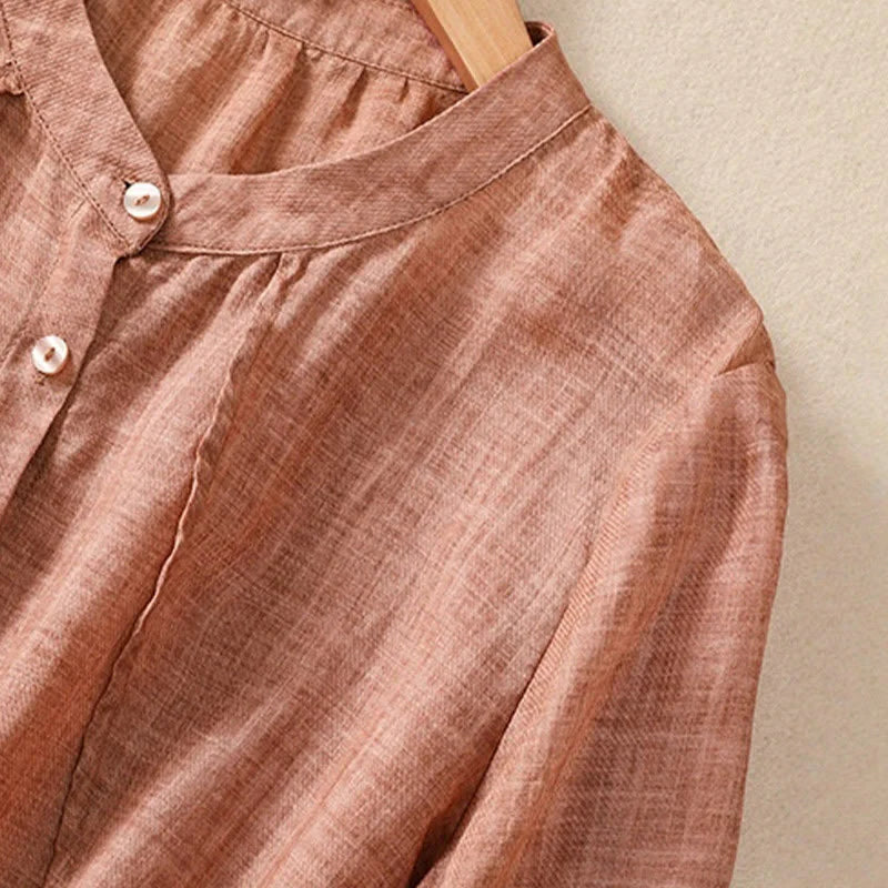 Buddha Stones Casual Daily Plain Button Ruffled Design Stand Collar Women's Cotton Linen Three Quarter Sleeve Shirt Cardigan