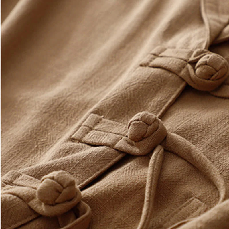 Buddha Stones Women's Cotton Linen Frog-Button Long Sleeve Jacket With Pockets