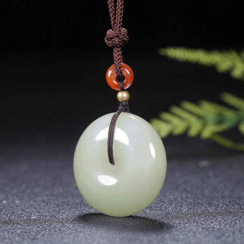 Buddha Stones Round Hetian White Jade Peace Buckle Blessing Necklace Pendant