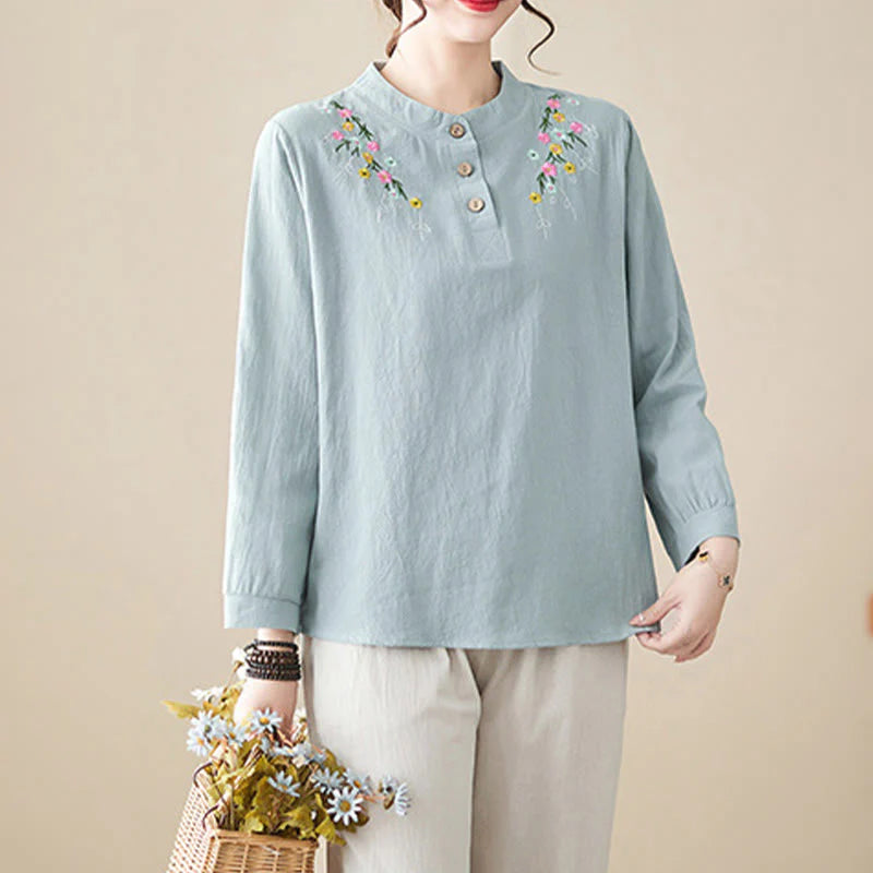 Buddha Stones Women's Spring Embroidered Flower Pattern Stand Collar Long Sleeve Cotton Shirt
