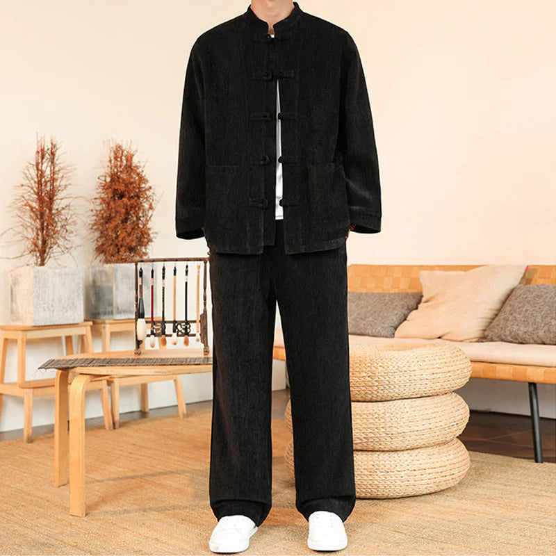 Buddha Stones 2Pcs Winter Thick Men's Tang Suit Frog-Button Cotton Corduroy Long Sleeve Jacket Pants Set With Pockets