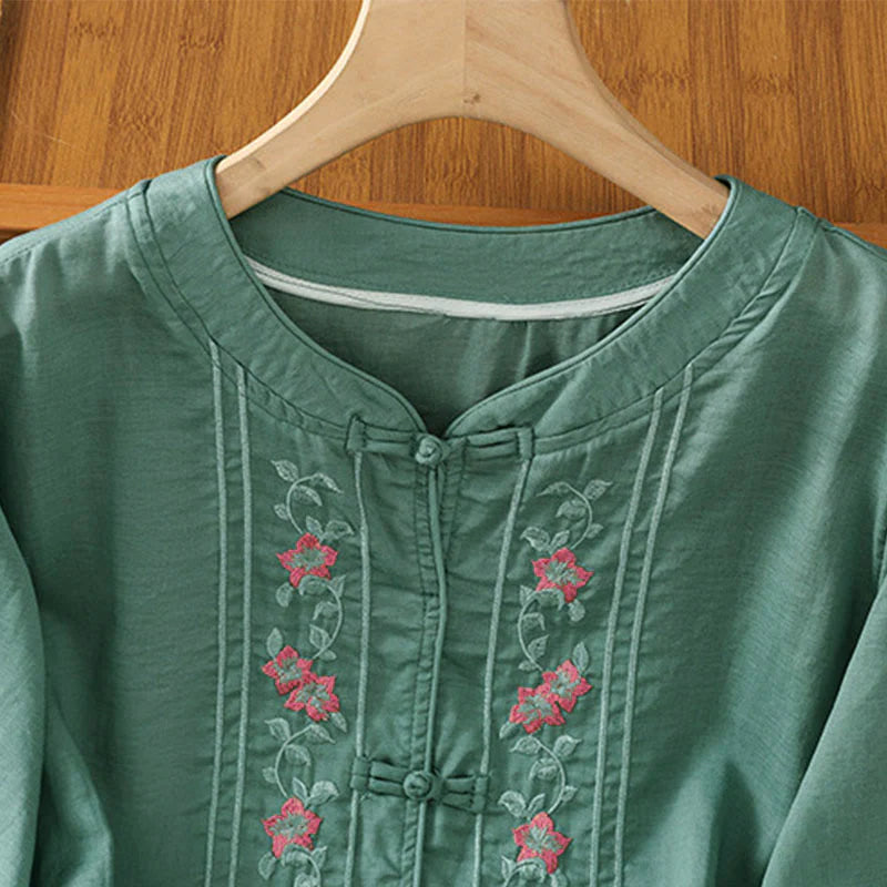 Buddha Stones Frog-button Stand Collar Embroidered Flower Elastic Cuff Three Quarter Sleeve Women's Shirt