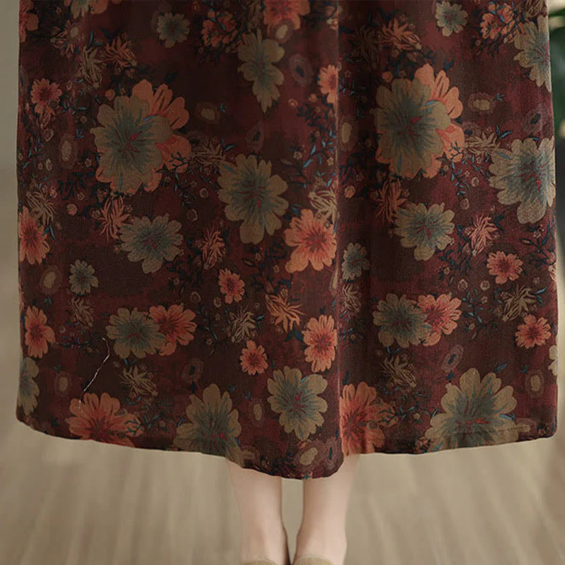 Buddha Stones Flower Pattern Long Sleeve Cotton Midi Dress With Pockets