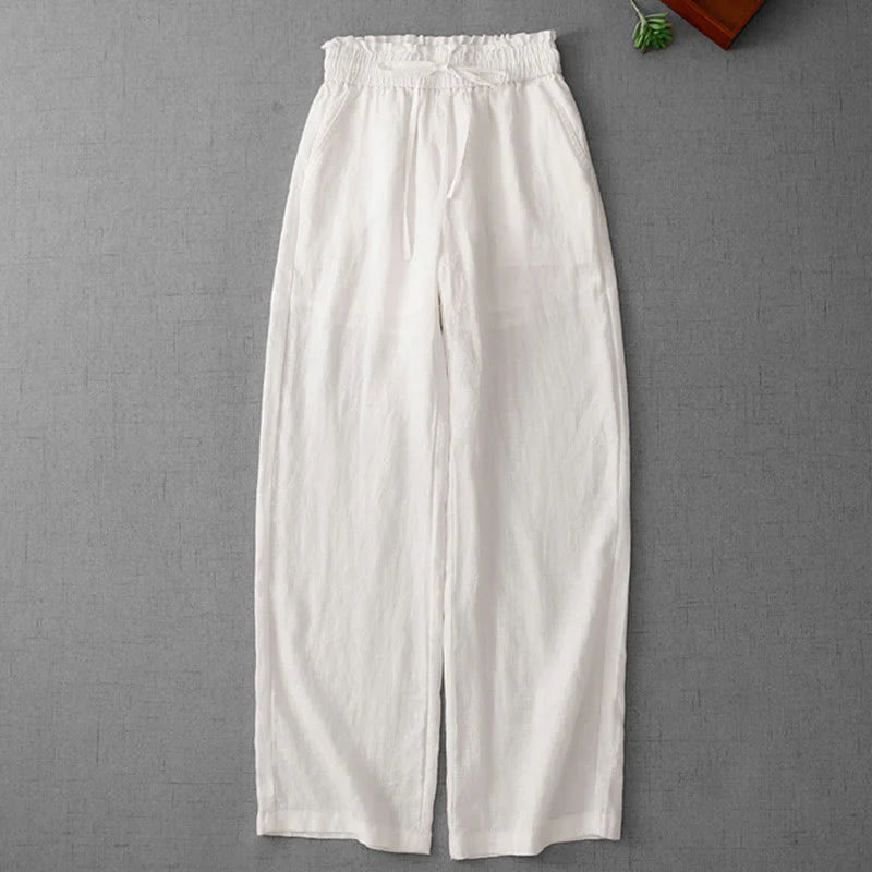 Buddha Stones Casual High Waist Ruffled Drawstring Design Women's Wide Leg Cotton Pants With Pockets