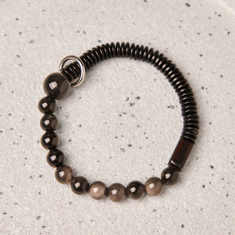 Buddha Stones Silver Sheen Obsidian Coconut Shell Protection Bracelet