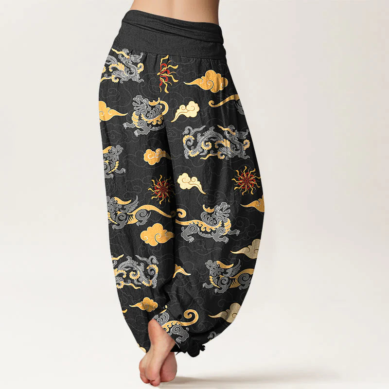 Buddha Stones Cotton Gorgeous Dragon Auspicious Beast Cloud Pattern Women's Elastic Waist Harem Pants