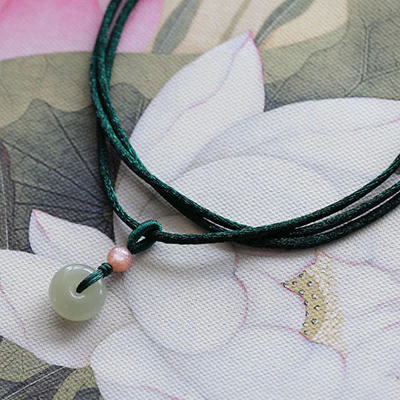 Buddha Stones Natural Round Jade Peace Buckle Lotus Abundance String Necklace Pendant